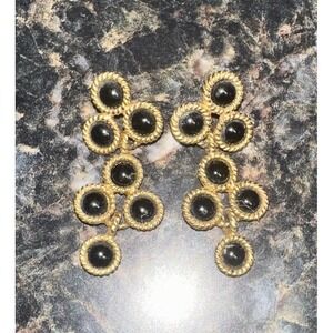 NAPIER Vintage Gold Tone Black Cabochons Pierced Earrings Jewelry‎ Lot 555 Rare